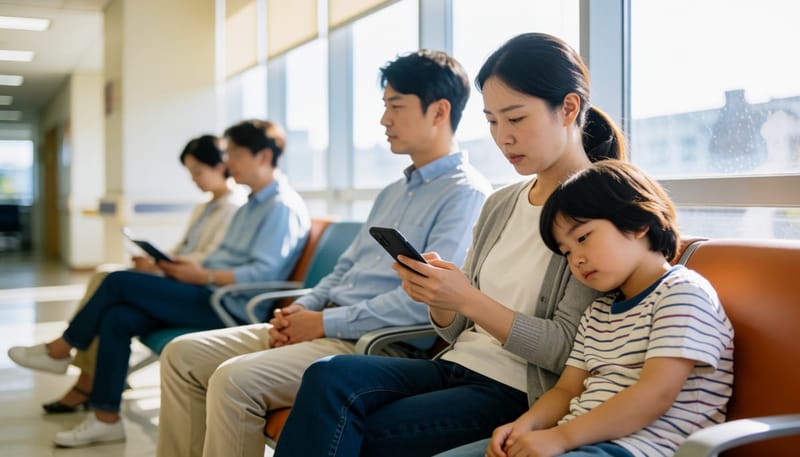 병원 대기실에서 아이의 상태를 살피는 가족