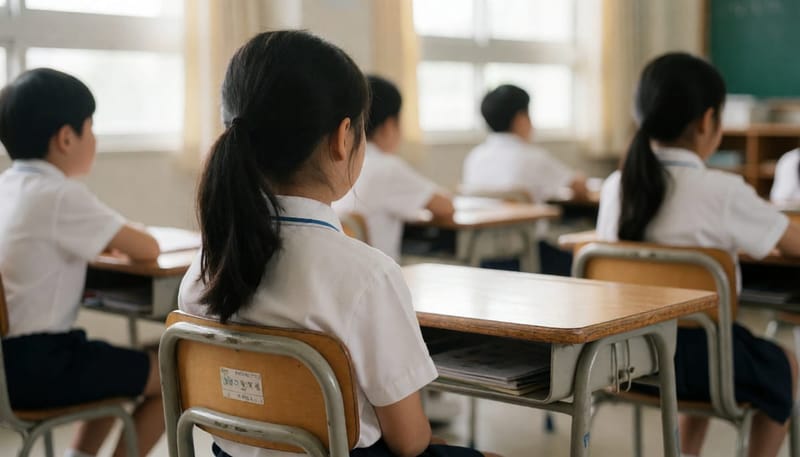 성장기 아이가 교실 의자에 앉아 있는 뒷모습, 어깨 높이가 미세하게 다른 자세