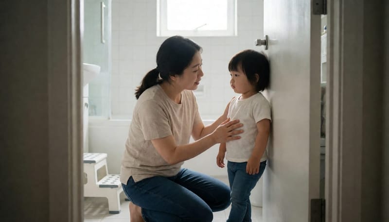 화장실 앞에서 힘들어하는 아이를 다정하게 살피는 엄마