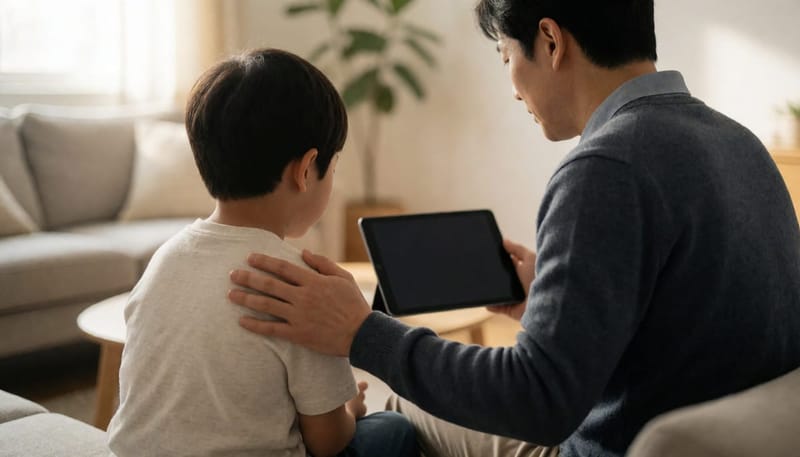 아이의 증상을 살피며 대처 방법을 알아보는 아빠와 아들