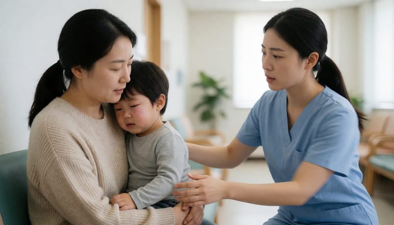 증상이 겹쳐 병원을 찾은 아이와 걱정스러운 표정의 보호자