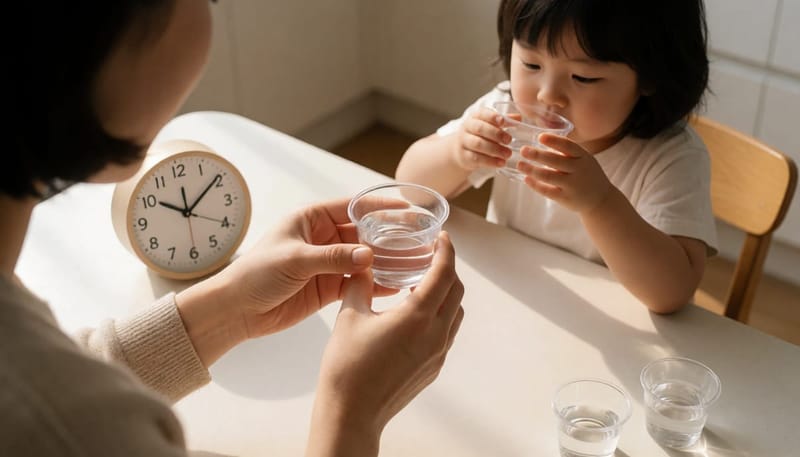 조금씩 나눠 물을 마시게 하는 가정 내 수분 보충 장면