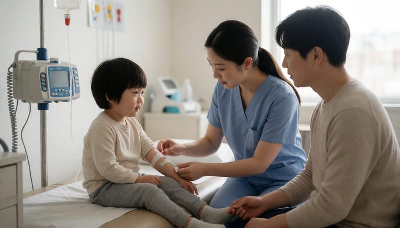 소아과 진료실에서 수액을 맞고 있는 아이와 곁을 지키는 보호자