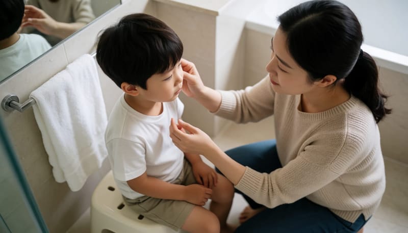 엄마가 아이 눈을 따뜻한 물수건으로 닦아주는 모습