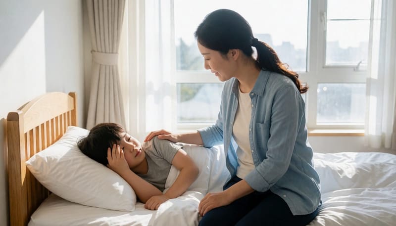 아침에 침대에서 못 일어나고 어지러워하는 아이를 살피는 엄마