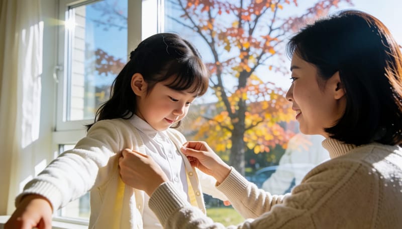 환절기 아침 온도차 속에서 겉옷을 챙겨 입는 아이