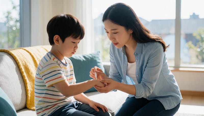 집에서 아이의 맥박과 체온을 확인하는 엄마