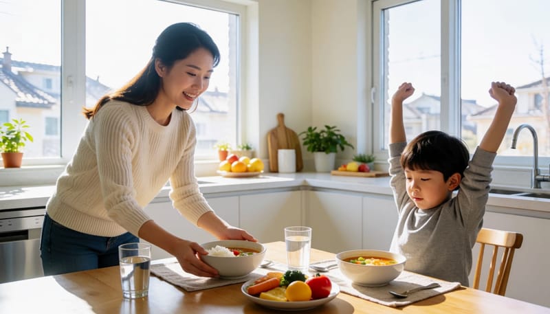 환절기 아침 식사와 스트레칭으로 몸을 깨우는 아이