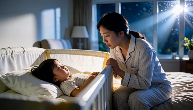 새벽에 입을 벌리고 씩씩거리며 자는 아이를 걱정스럽게 지켜보는 엄마