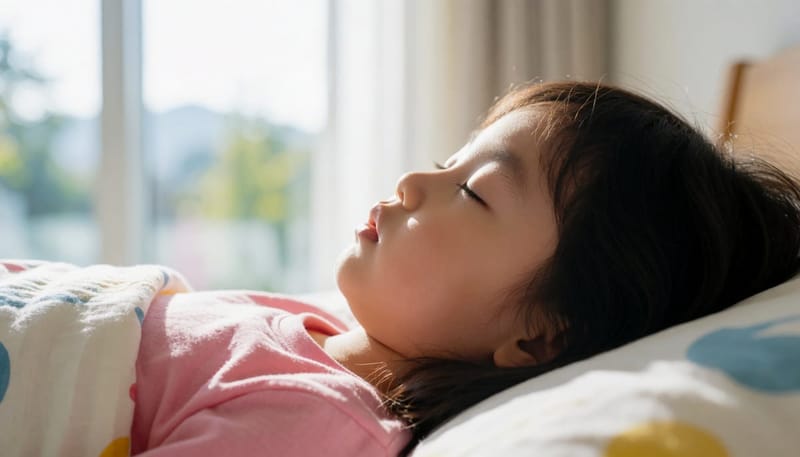 코와 입이 동시에 열려 있는 아이의 옆모습 클로즈업