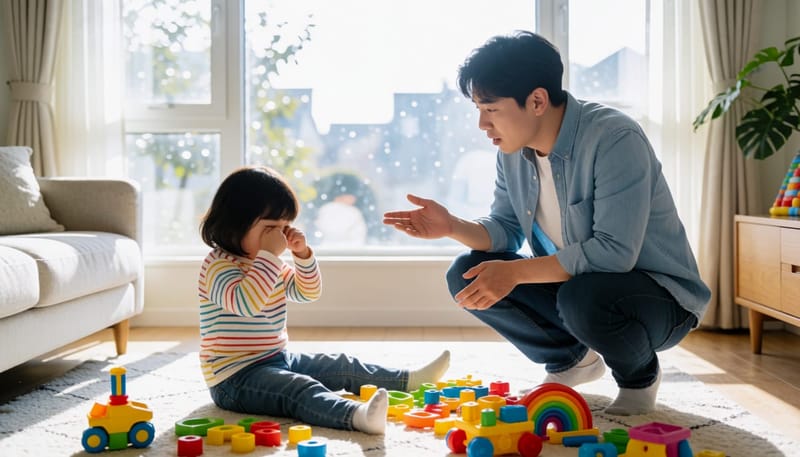 낮에 예민해져서 눈을 비비며 짜증내는 아이와 지켜보는 아빠