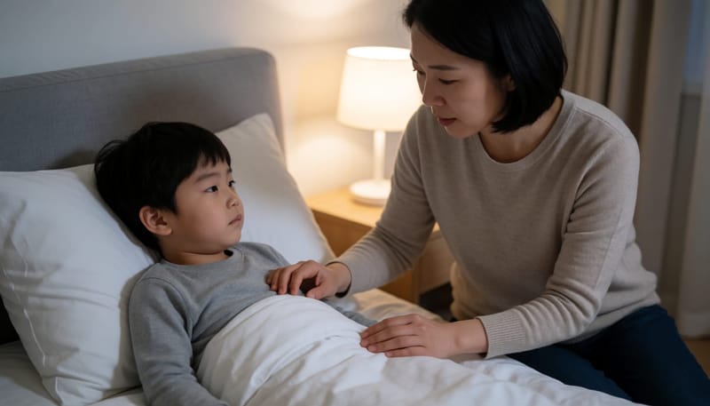 밤에 다리를 붙잡고 우는 아이를 달래는 엄마