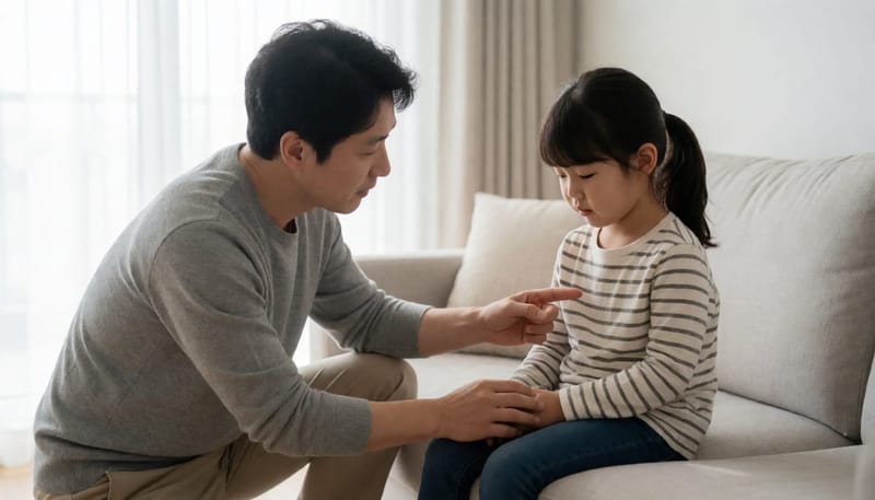 거실에서 아빠가 딸의 다리 상태를 체크하는 모습
