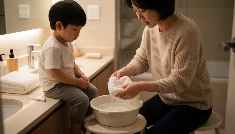 통증 발생 후 집에서 순서대로 대처를 준비하는 장면