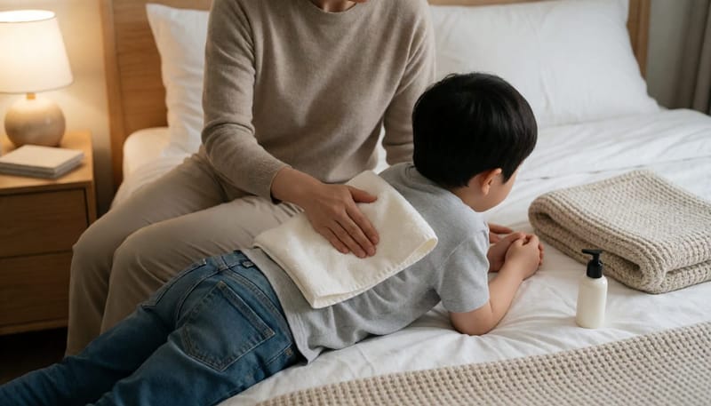 온찜질과 마사지 도구로 아이 다리를 관리하는 장면