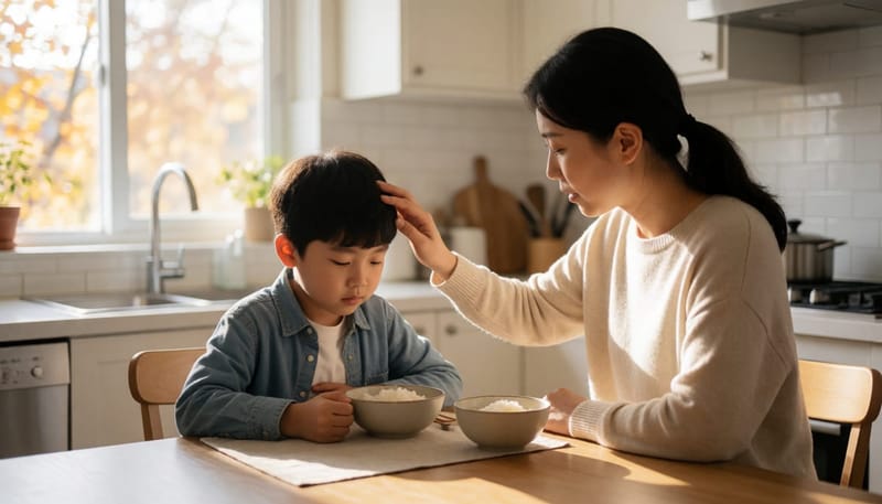 환절기 아침, 배를 붙잡고 밥을 먹지 못하는 아이와 이마를 짚어보는 엄마