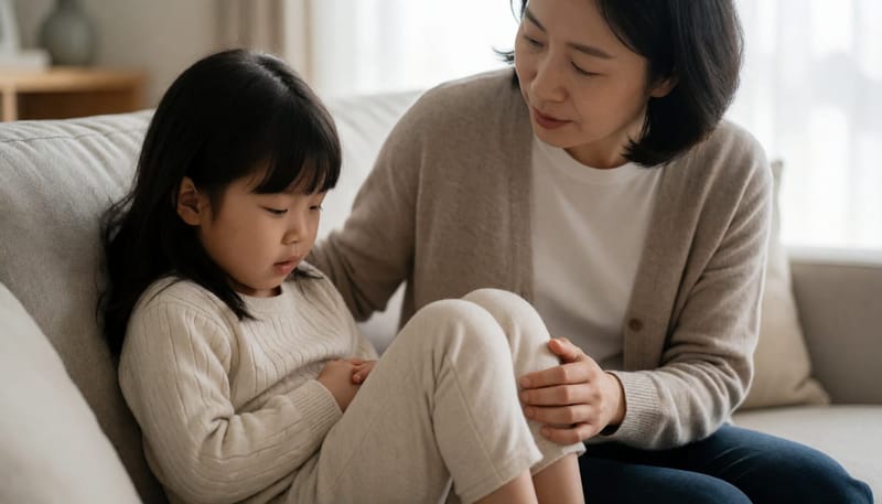 꾀병이 아닌지 걱정스럽게 아이 이야기를 들어주는 엄마