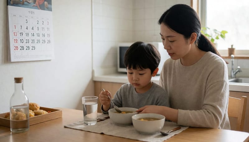 규칙적인 식사와 생활습관으로 복통을 관리하는 가족의 모습