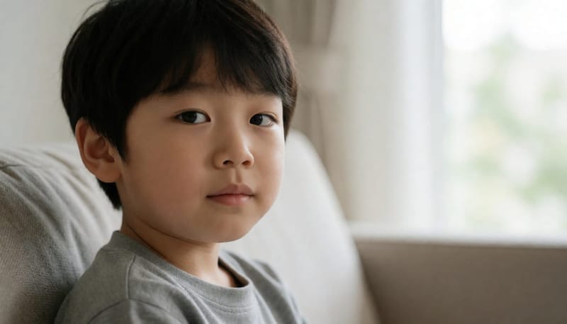 한쪽 눈만 바깥으로 향하는 아이의 얼굴 클로즈업