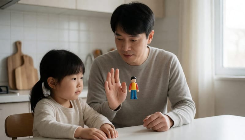 장난감을 따라 시선을 옮기며 눈이 간헐적으로 바깥을 향하는 아이
