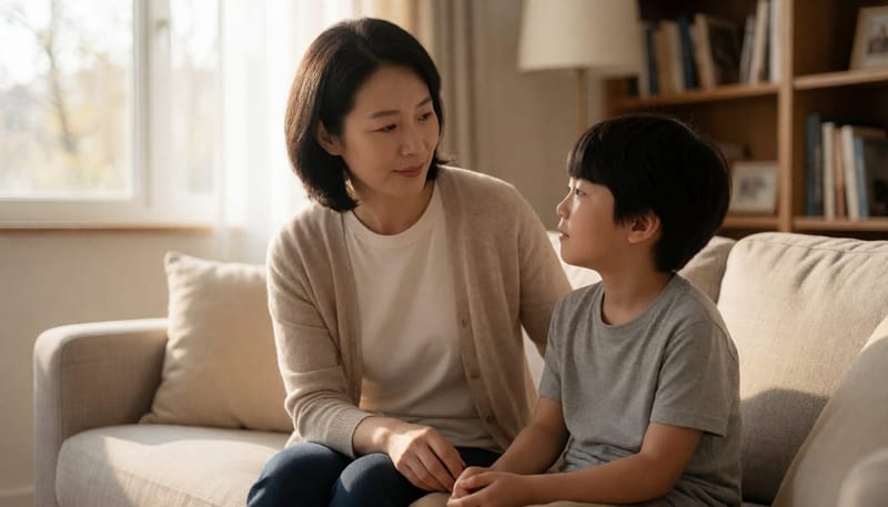 거실 소파에서 눈을 깜빡이고 목을 움찔거리는 아이를 바라보는 엄마