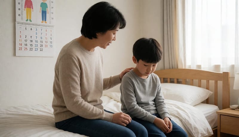 엄마가 초등학생 아들과 침대에 앉아 이야기를 나누는 모습
