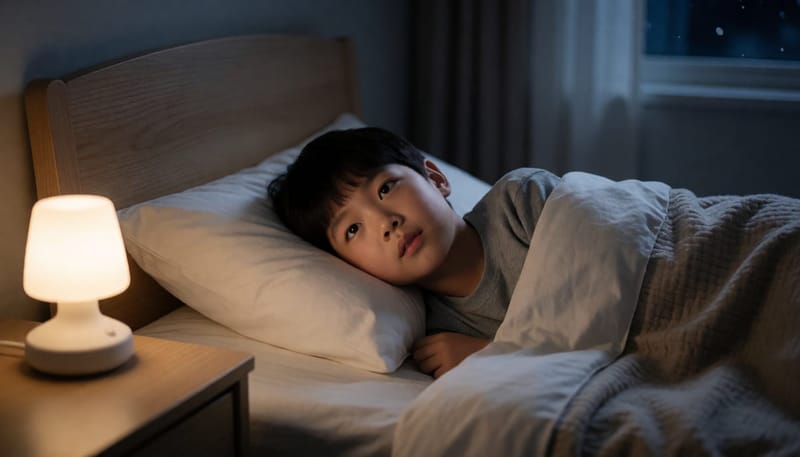 밤에 잠들지 못하고 눈을 뜬 채 누워있는 초등학생 아이