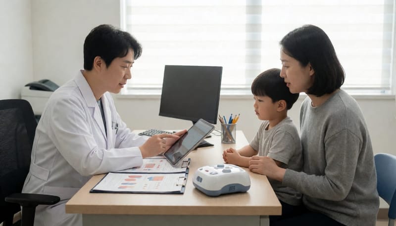 소아과 의사가 엄마와 아이에게 치료 방법을 설명하는 진료실 장면