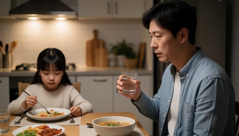 저녁 식사 중 물 섭취를 고민하는 아빠와 딸의 모습