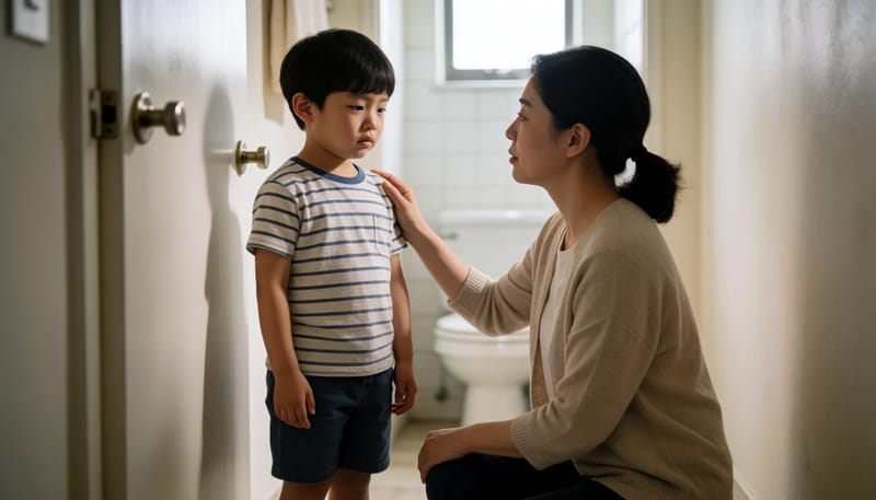 걱정스러운 표정의 아이 어깨에 손을 얹고 다독이는 엄마