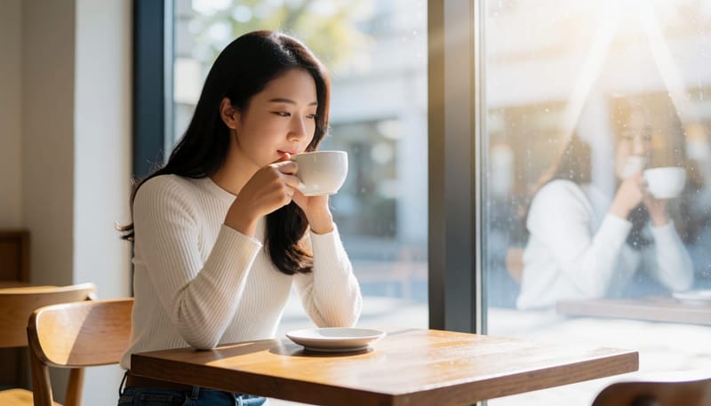 카페에서 커피를 마시다 목을 만지며 갸우뚱하는 여성