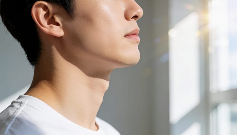목과 턱선이 드러나는 남성의 옆모습 클로즈업