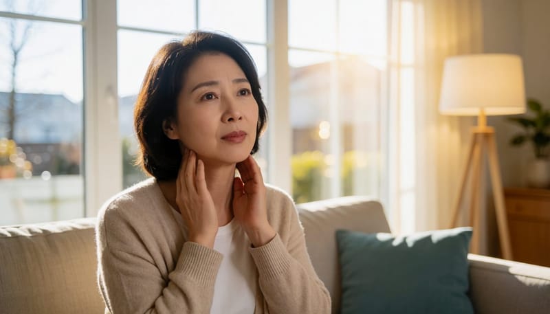 소파에 앉아 목 옆을 짚어보며 걱정스러운 표정의 여성