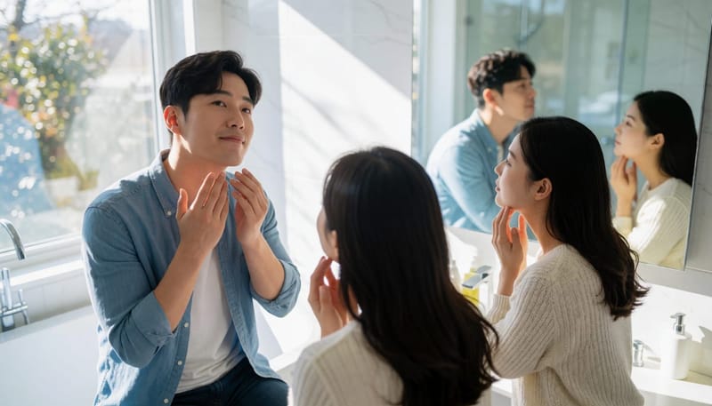 집 욕실 거울 앞에서 스스로 목 상태를 확인하는 남성