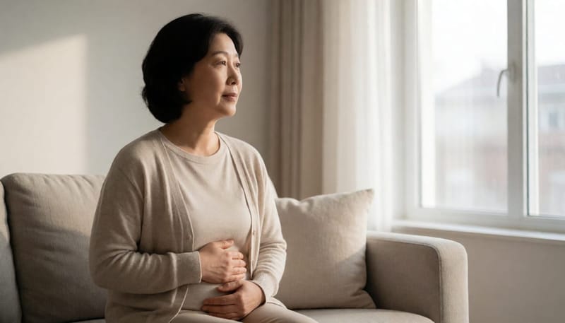 소파에 앉아 편안한 표정으로 배 부위에 손을 얹고 있는 중년 여성