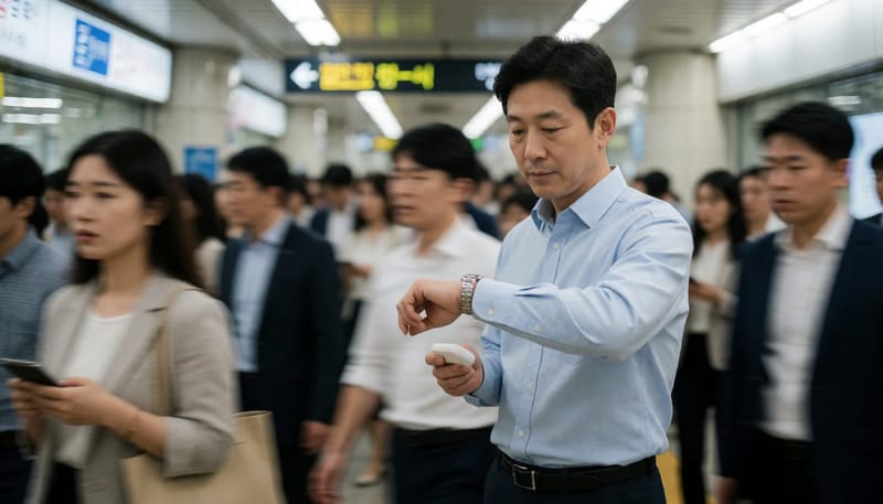 출근길 지하철역에서 손목시계를 확인하며 약통을 들고 있는 직장인 남성