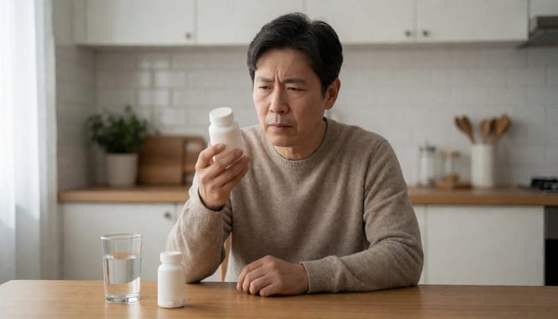 식탁에서 약병을 살펴보며 고개를 갸웃하는 중년 남성