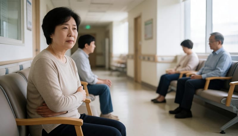 병원 대기실에서 옆구리를 감싸며 걱정스러운 표정을 짓는 중년 여성