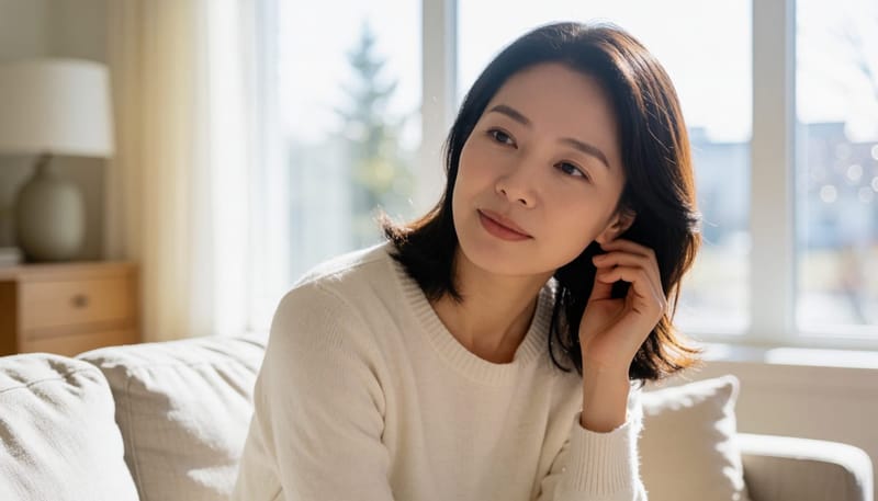 통증 없이 귀를 만지며 신경 쓰는 여성의 모습