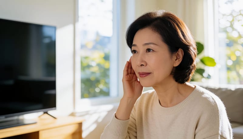 일상에서 소리가 잘 안 들려 귀를 기울이는 여성