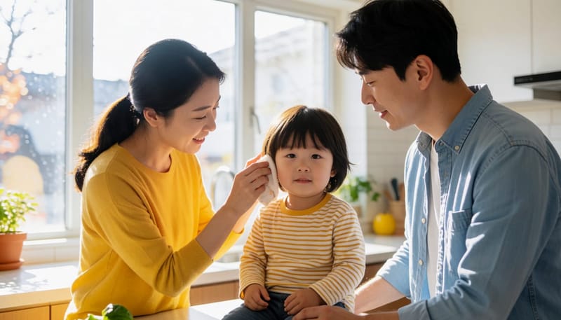 가족이 함께 아이의 귀 상태를 살피는 다정한 장면