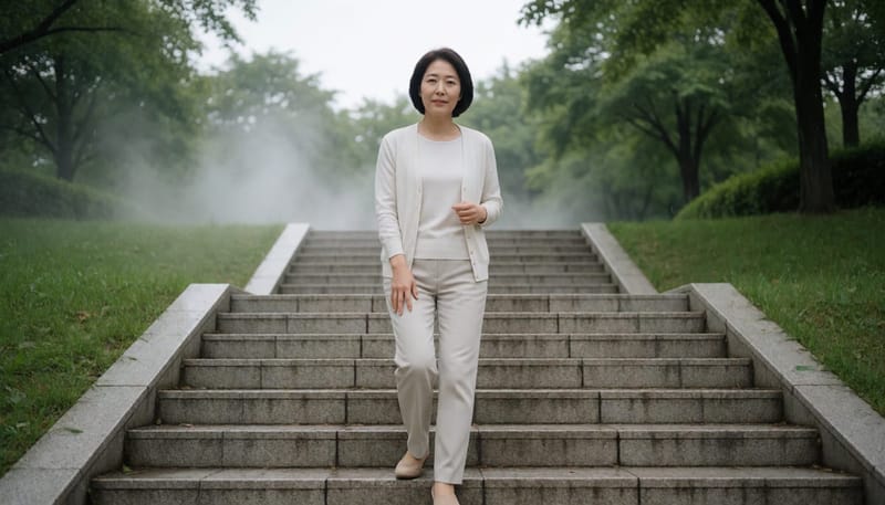 흐리고 습한 환절기 날씨에 야외 계단을 내려가며 무릎에 손을 대는 여성