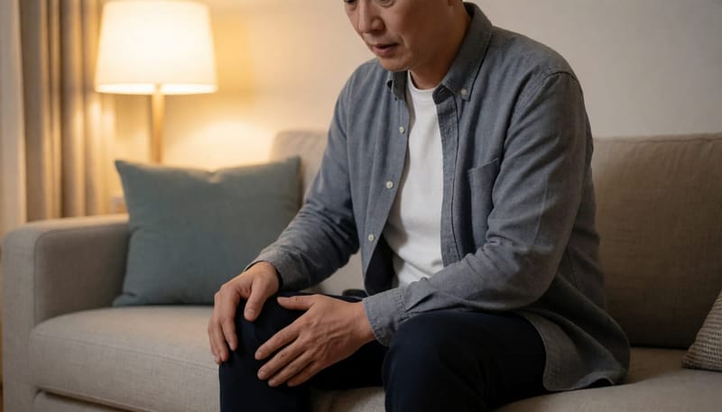 저녁 시간 거실 소파에서 무릎을 만지며 통증 여부를 살피는 남성