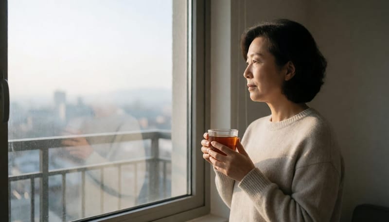 창가에 서서 뿌연 바깥 하늘을 바라보는 중년 여성의 옆모습