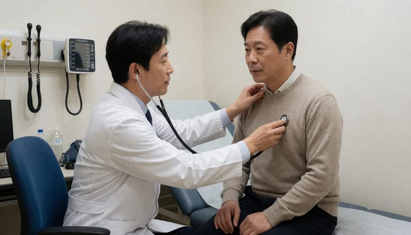 진료실에서 의사가 청진기로 환자의 기침 증상을 확인하는 모습