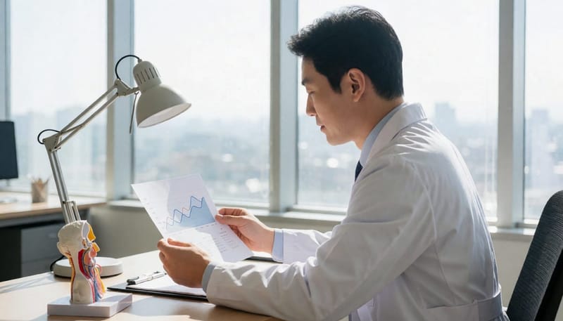 항문직장 기능검사 결과 그래프를 살펴보는 의사