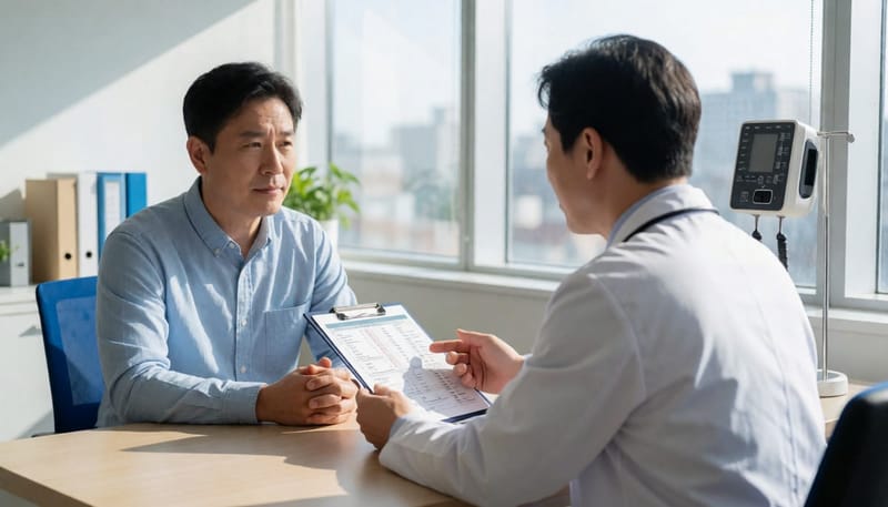 진료실에서 의사와 검사 결과를 두고 상담하는 남성