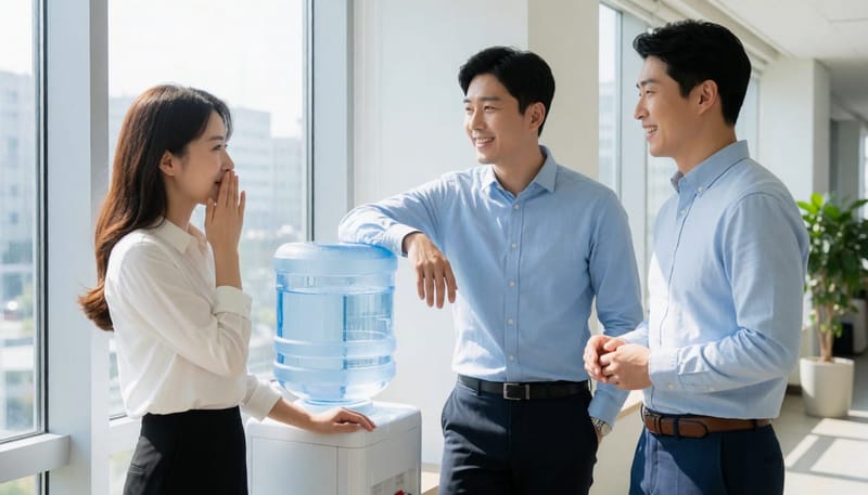 사무실 복도에서 피곤함을 이야기하며 쉬는 동료들