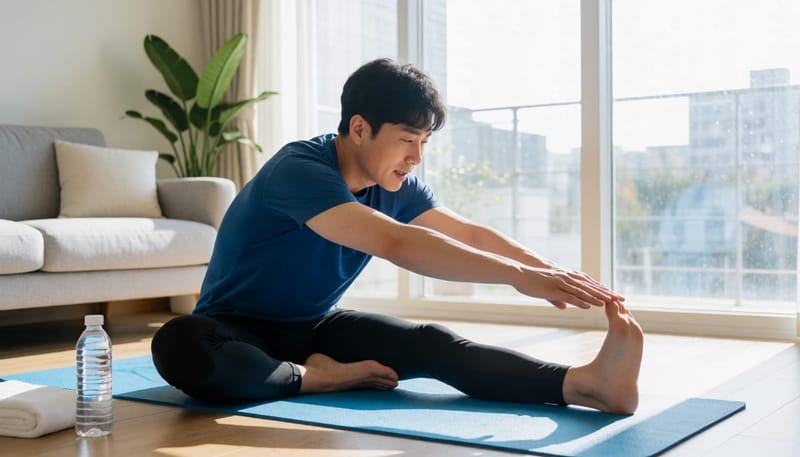 집에서 가벼운 스트레칭으로 컨디션을 관리하는 남성