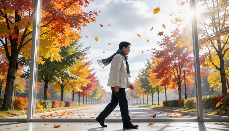 환절기 바람 부는 거리를 걷는 남성